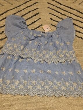 Embroidered Light Blue Off-Shoulder Blouse with Lace Trim